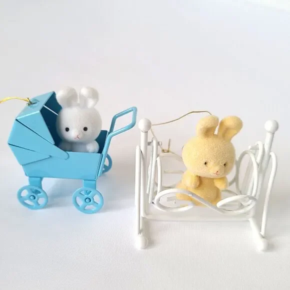 Vtg Flocked Easter Bunny Ornaments Miniature Metal Wagon Decor Kitsch Lot Of 7 - Picture 6 of 7